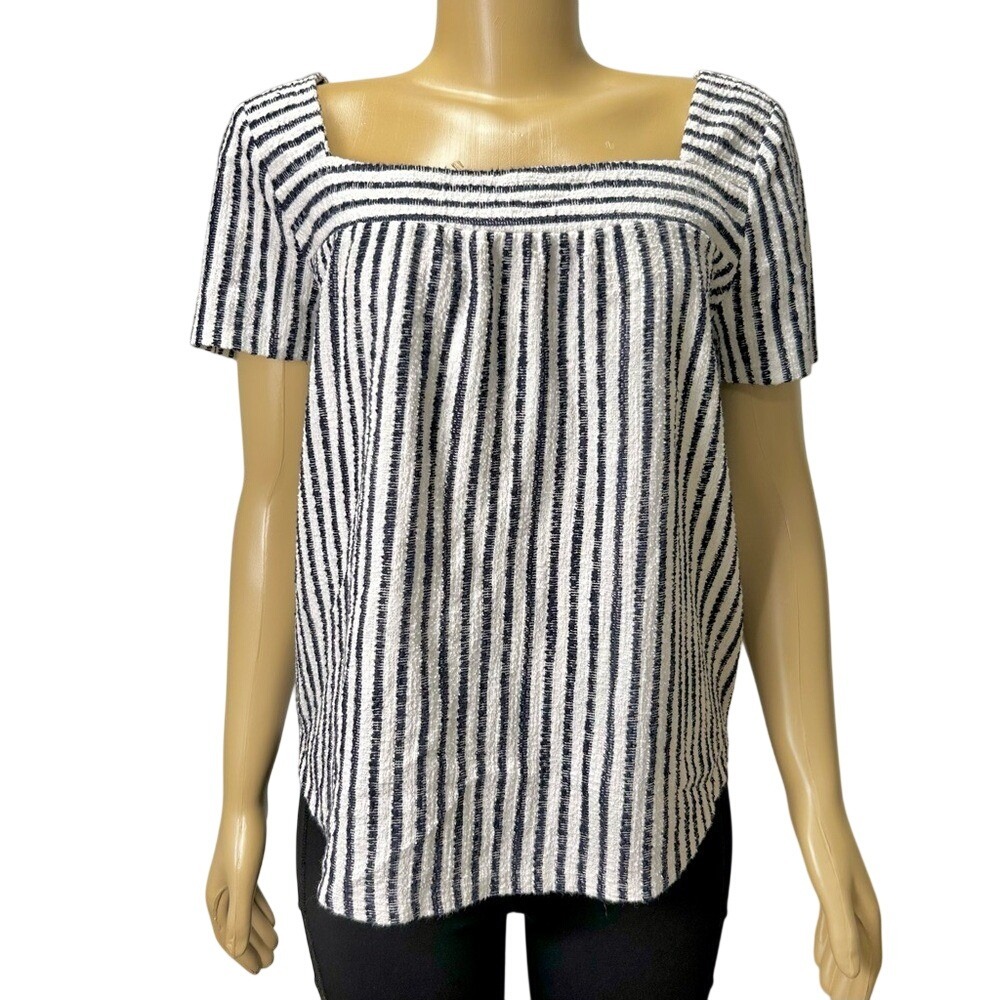 Lucky Brand Blue White Striped Square Neck Short Sleeve Blouse Top Size Lage